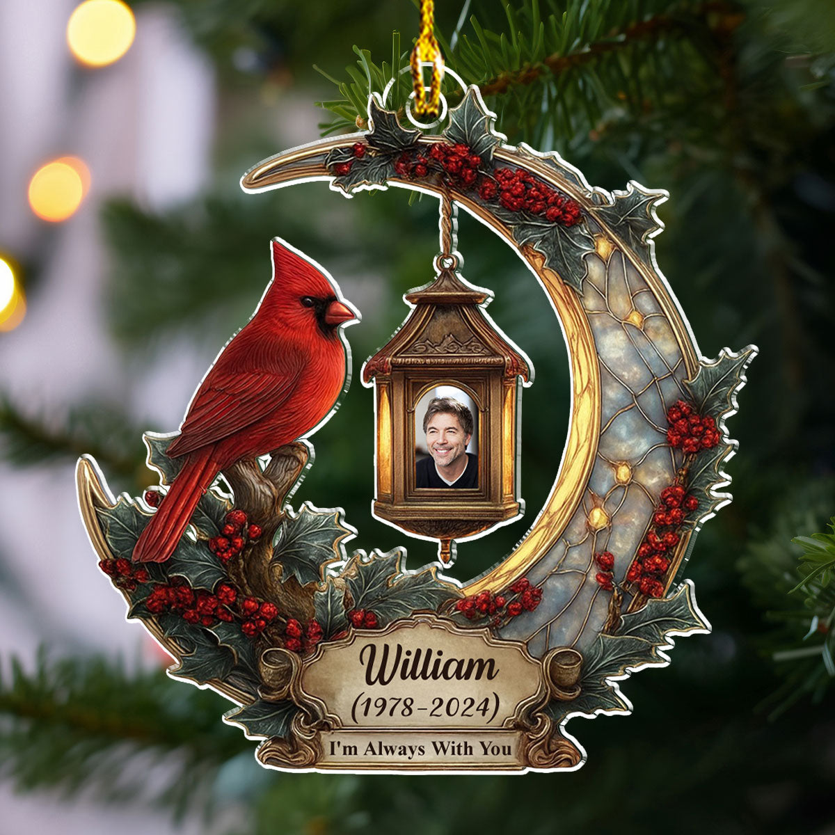 Personalized Memorial Cardinal Moon Acrylic Ornament with Photo, In Loving Memory Christmas Keepsake