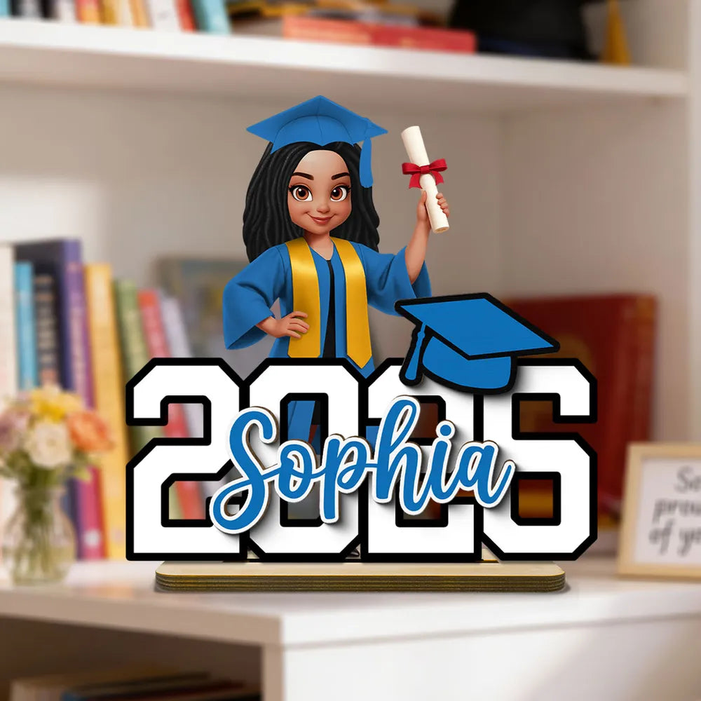 Custom Graduation 2-Layer Wooden Plaque With Cartoon Graduate and Year Sign, Heartfelt Gift For Student Family