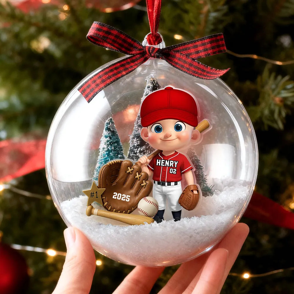 Snow Globe Ornament with Baseball Player - Personalized, Clear Acrylic, Winter Scene, a Unique Gift for Kids & Grandkids