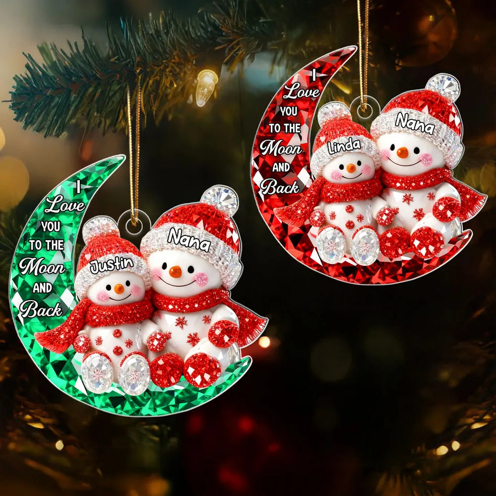 Personalized Acrylic Ornament for Grandma & Grandkid on Moon – Sparkling Snowman Design, I Love You to the Moon and Back, Unique Christmas Gift