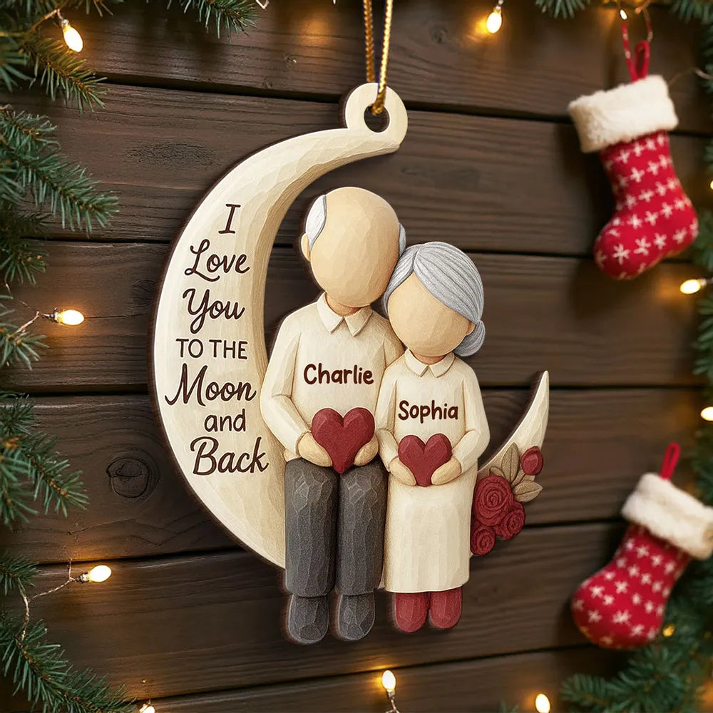 Wooden Ornament - I Love You to the Moon, Carved Couple Design, Unique Christmas Gift for Couples or Grandparents