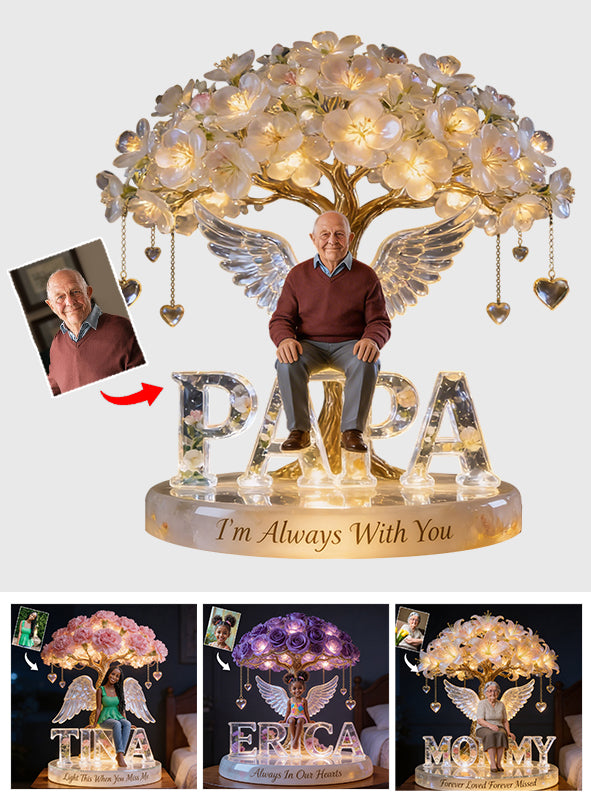 Custom Grandma Always In Our Hearts Angel Wings Figurine, Personalized Memorial Tree Lamp Statue, Sympathy Remembrance Night Light Table Decor