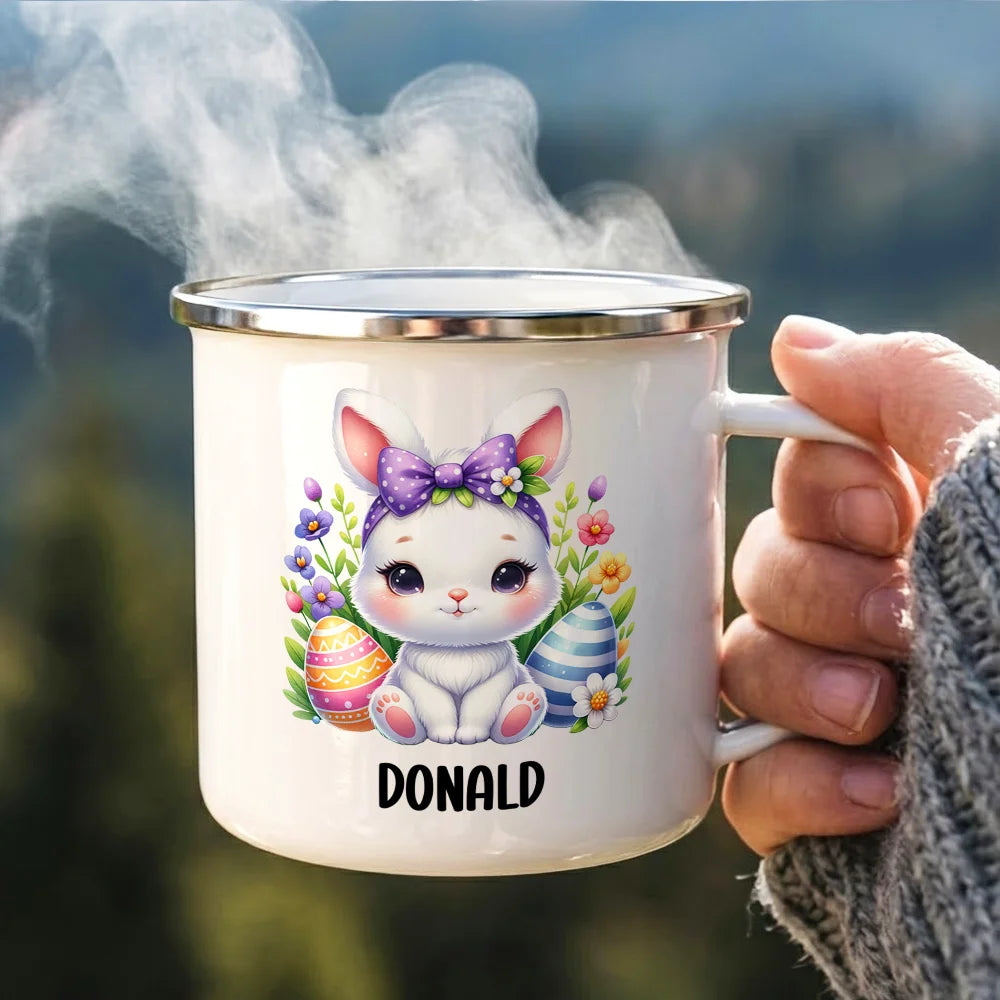 Watercolor Bunny Enamel Mug, Personalized Name Keepsake for Cozy Sips, Adorable Easter Season Gift for Family