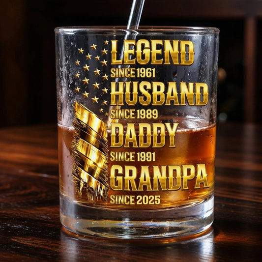 Personalized Whiskey Glass Legend Since Custom Gift for Husband Daddy Grandpa - Gold Feather Bar Look