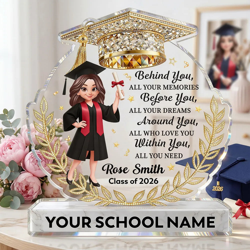 Personalized Shaped Acrylic Block Plaque Graduation Girl With Cap Quote, Unique Keepsake Gift for Grad, Shiny Gold Look Decor