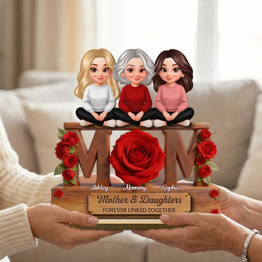 Personalized 2-Layer Wooden Plaque Mom & Daughters Roses Living Room Decor, Unique Gift for Mom