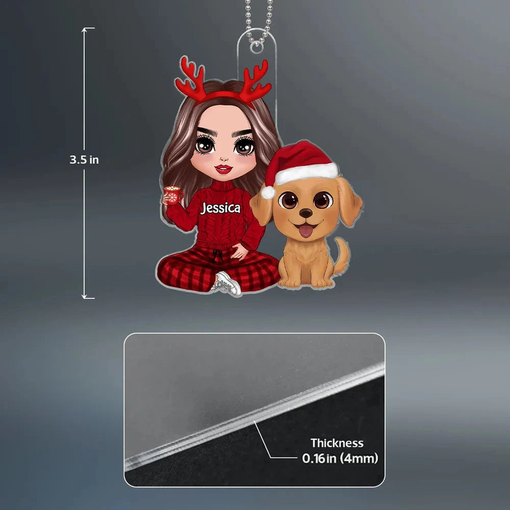 Personalized Acrylic Ornament with Cute Dog and Cozy Christmas Girl, Festive Decor and Unique Gift for Dog Lovers