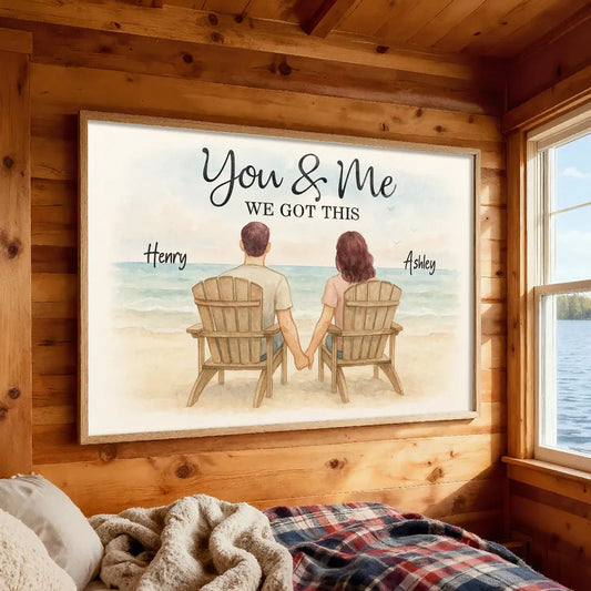 Romantic Seaside Poster, hand-in-hand couple illustration with gentle ocean background, warm modern wall art, heartfelt gift for partners or newlyweds