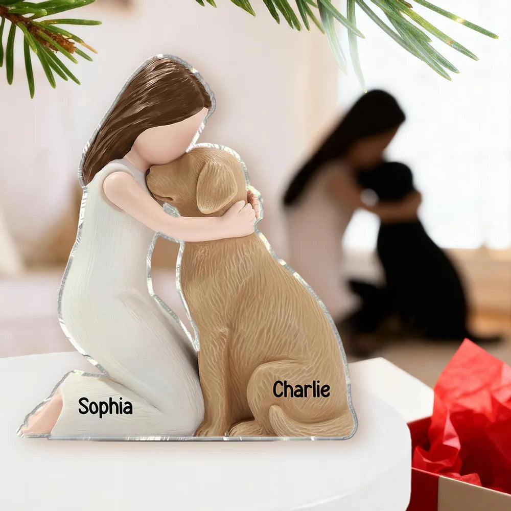 Personalized Shaped Acrylic Block Plaque with Girl Hugging Dog, Heartfelt Pet Lover Gift & Lasting Love Memory Decor