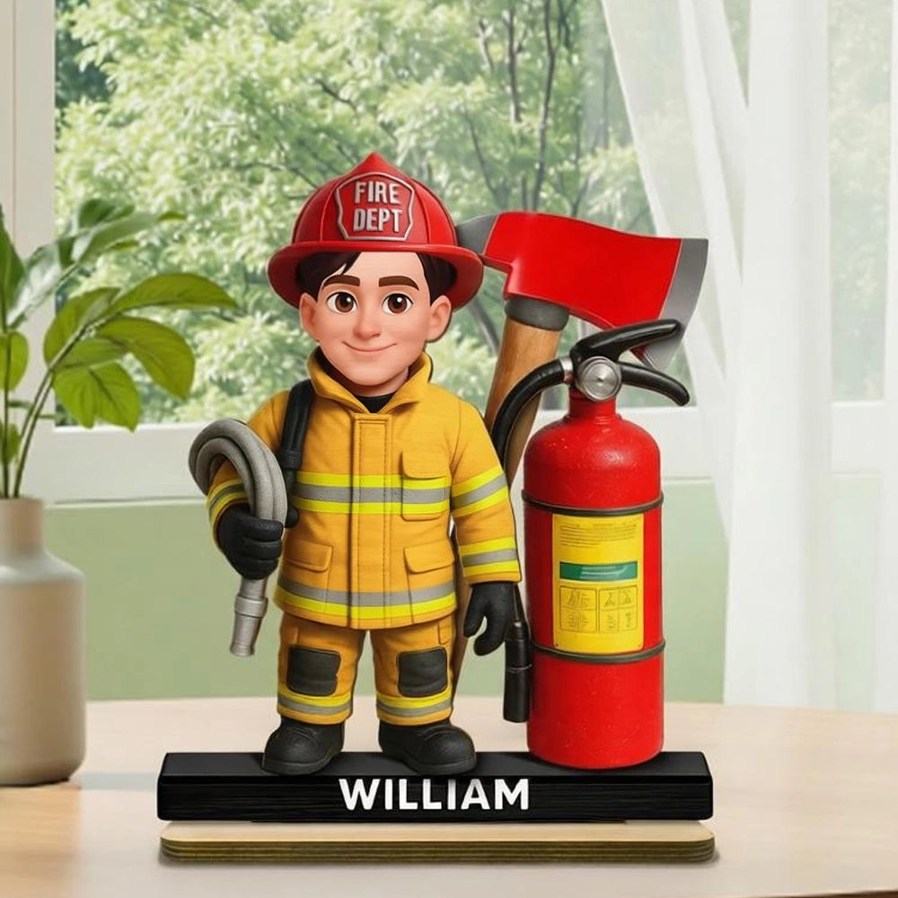 Personalized Firefighter 2-Layer Wooden Plaque with Fire Axe and Extinguisher Desk Decor Unique Gift for Firefighters