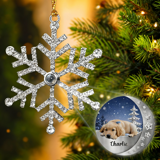 Photo Projection Ornament Crystal Snowflake, Pet Photo Keepsake with Snowy Night Scene, unique gift for pet parents