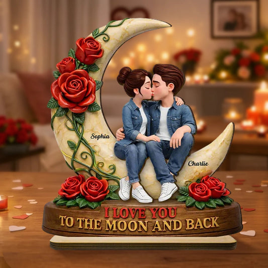 Personalized 2-Layer Wooden Plaque Kissing Couple on Crescent Moon Romantic Unique Gift for Wife or Girlfriend