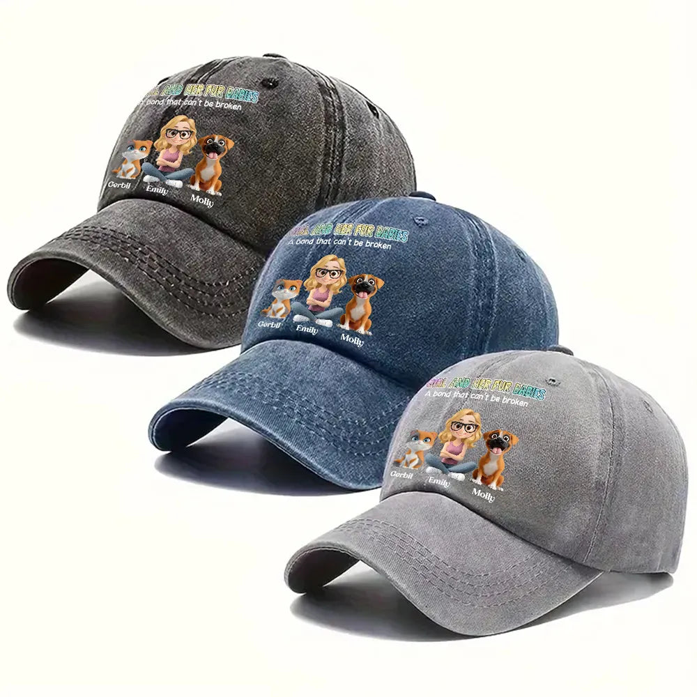 Denim Baseball Cap, Vintage Washed, Custom Pet Graphic, Casual Sun Shield, Unique Gift for Dog & Cat Moms