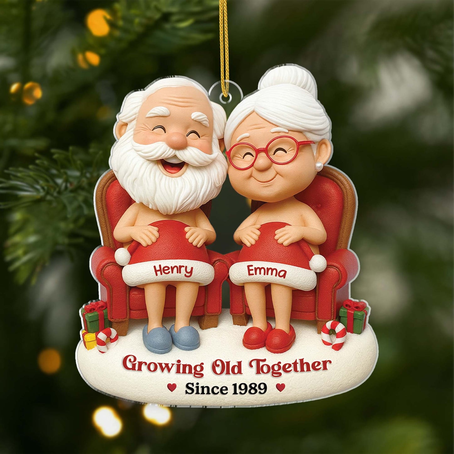 Personalized Acrylic Ornament Cute Cartoon Elder Couple Sitting Together Christmas Tree Decor, Unique Gift for Couples