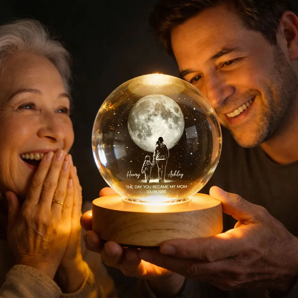 The Day You Became My Mom Personalized Globe Lamp, Mom and Child Under the Moon Night Light, Meaningful Gift
