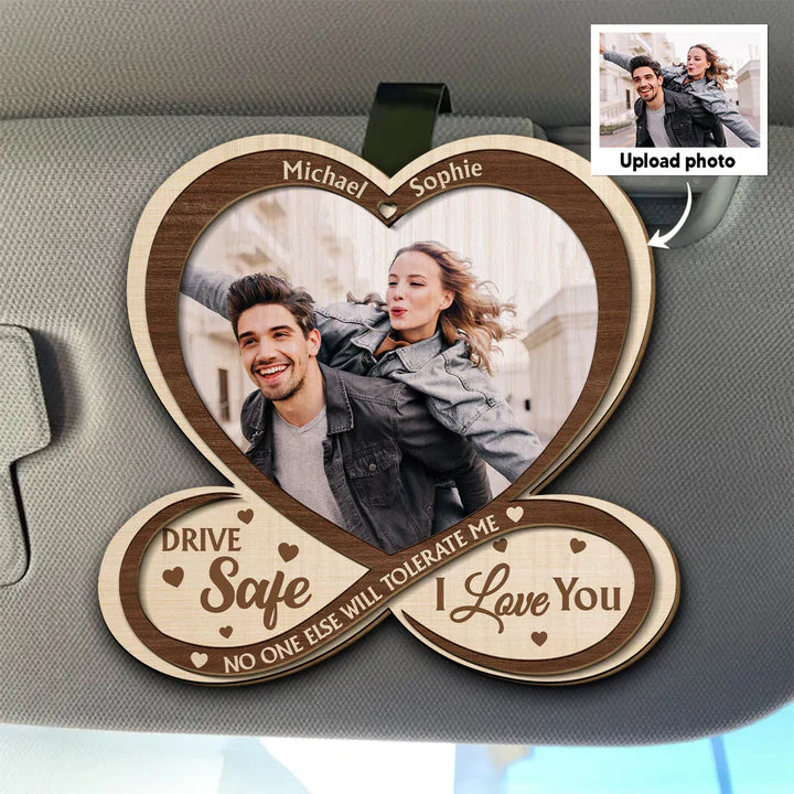 Personalized 2-Layer Wooden Car Visor Clip with Photo Heart Drive Safe I Love You, Unique Couple Gift