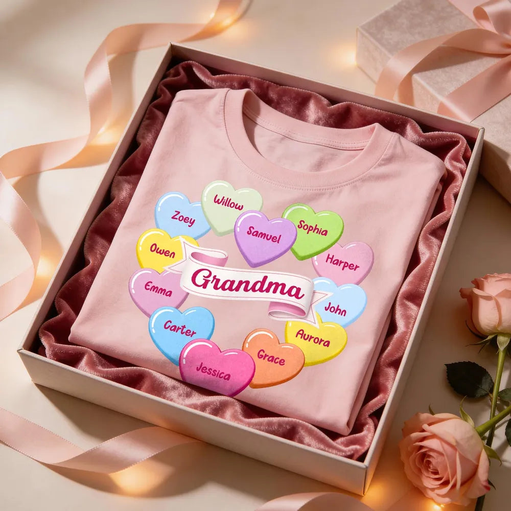 Personalized Grandma Classic Tee, Candy Heart Names Design for Valentine's Day, Unique Gift for Grandma