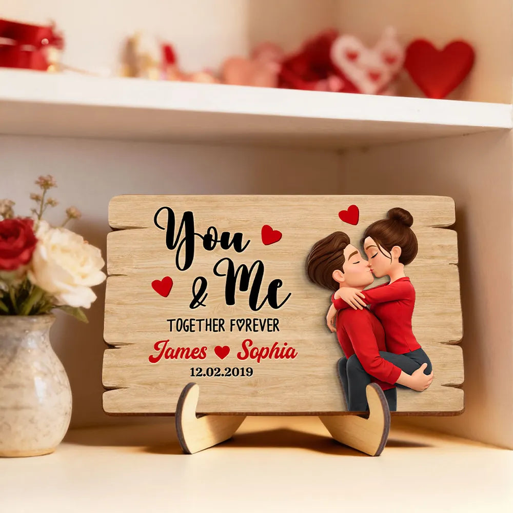 Personalized You & Me 2-Layer Wooden Plaque for Couple, Kissing Hug Design, Sweet Heart Gift for Him or Her
