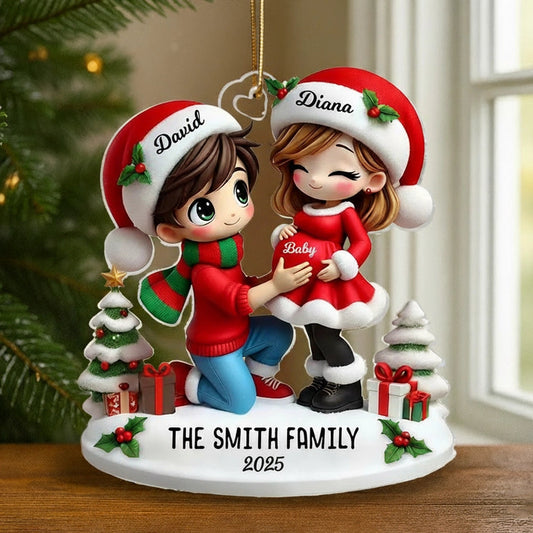 Christmas Acrylic Ornament - Expecting Couple with Santa Hats, Baby-Bump Moment, Festive Keepsake, a Unique Gift for New Mom & Dad
