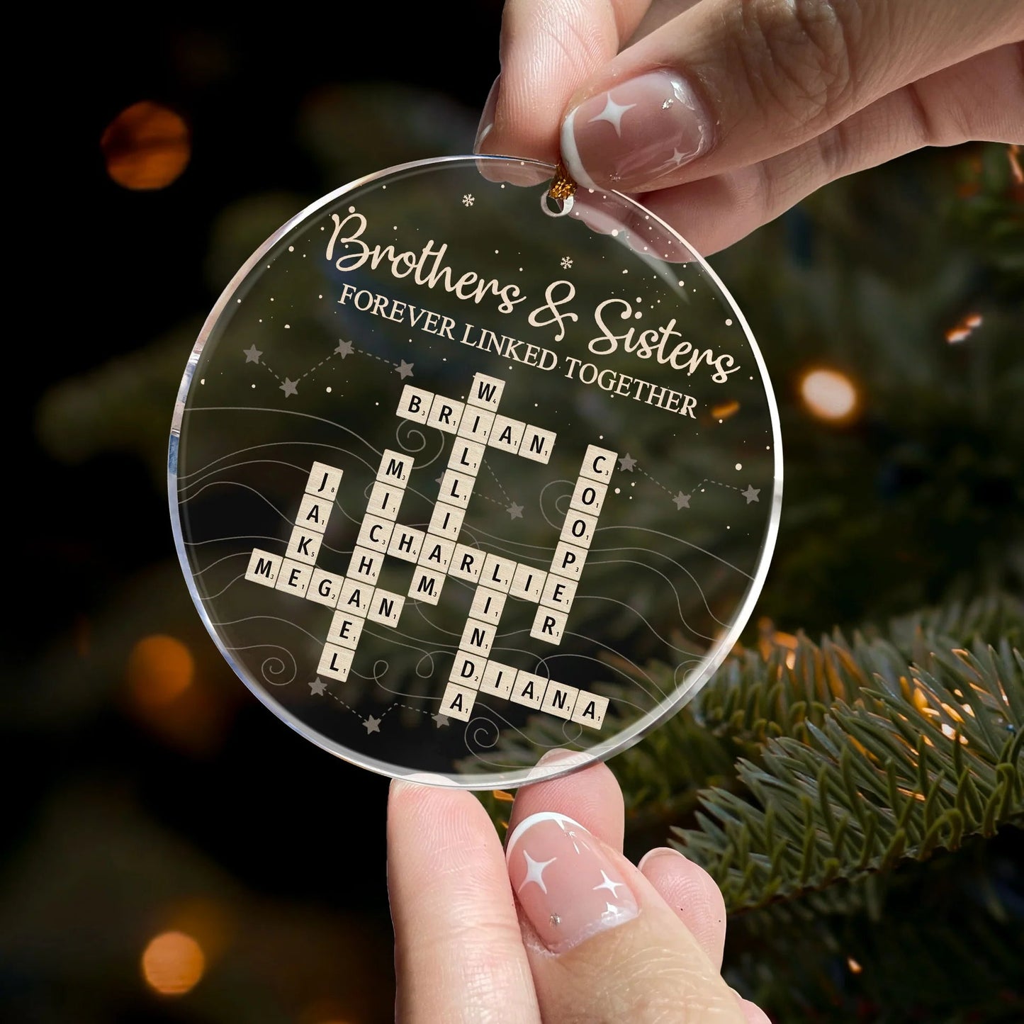 Family Bond Acrylic Ornament with Scrabble Puzzle Design — A Meaningful Christmas Gift for Siblings