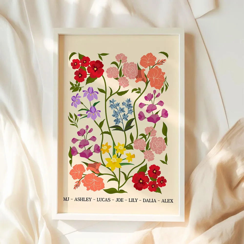 Personalized Birth Flower Bouquet Poster Minimalist Floral Wall Decor Unique Gift for Sisters, Sweet Quote Keepsake
