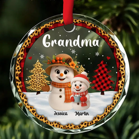Personalized Crystal Ornament for Grandma with Cute Snowman Grandkid Scene, Festive Holiday Decor & Unique Gift