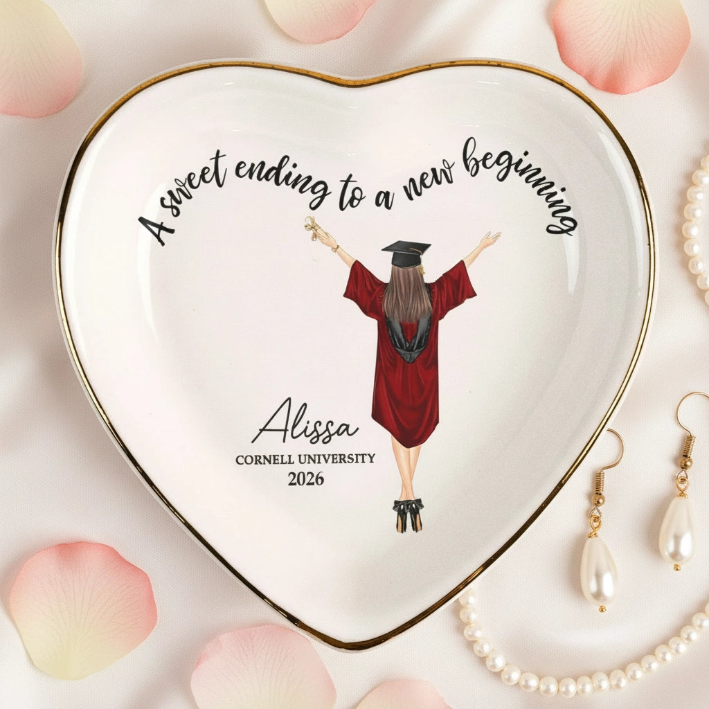 Personalized Graduation Heart Jewelry Dish With Sweet Ending To A New Beginning, Cap Toss Illustration, Unique Gift