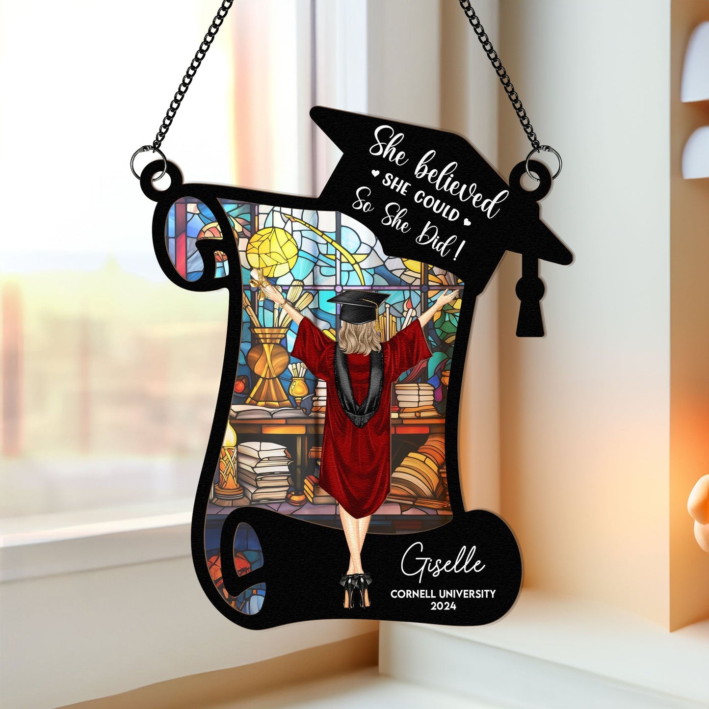 Wood and Acrylic Layered Ornament with 'She Believed She Could So She Did' Graduation Quote, Personalized Window Decor, Thoughtful Gift