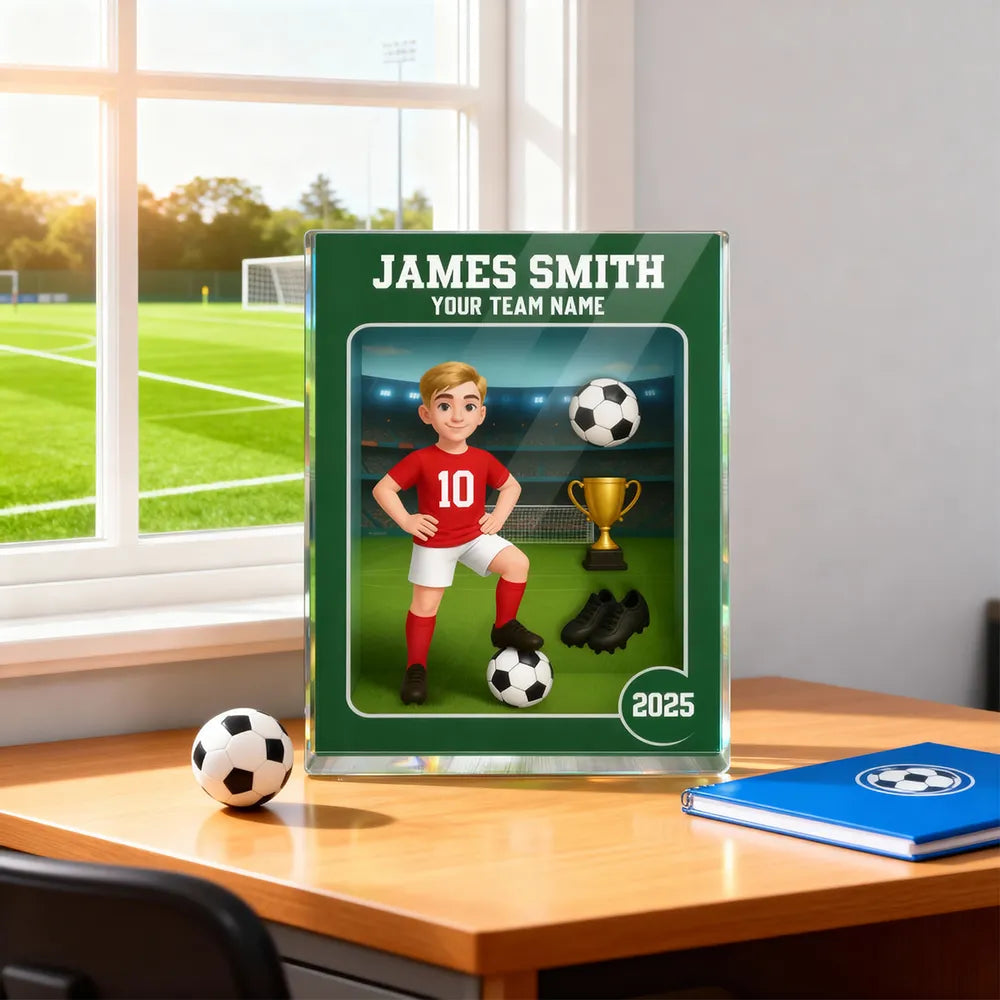 Acrylic Block Plaque - Customizable Soccer Keepsake, stadium design, player with ball - Creative Gift for Kids & Teams