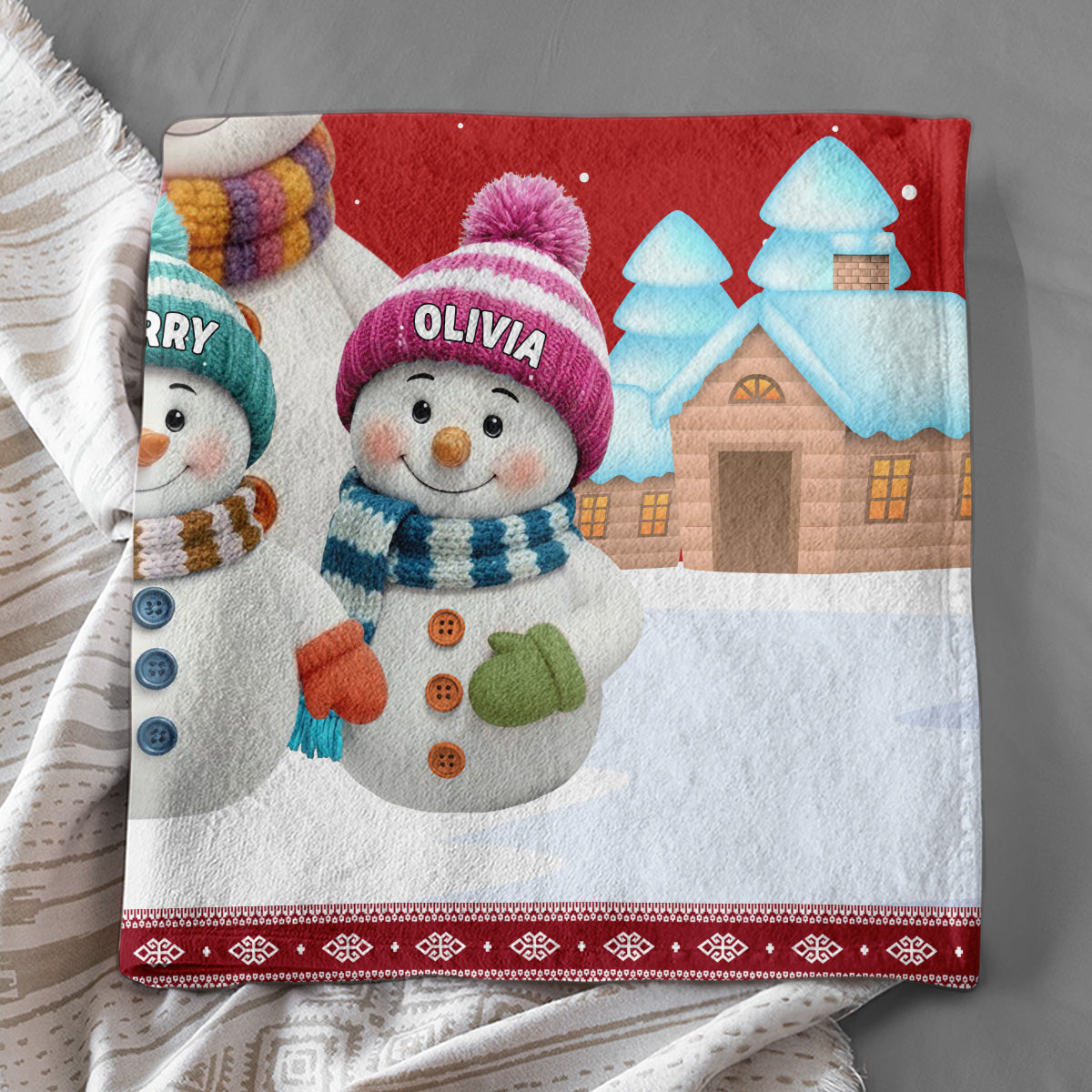Custom My Grandkids Fleece Blanket, Cute Snowman Family Winter Scene, Warm Keepsake Throw and Thoughtful Grandparent Gift