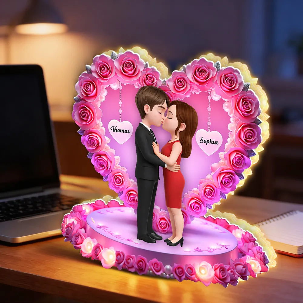 Personalized Acrylic Light Box Kissing Couple in Rose Heart Night Light for Bedroom Warm Glow Unique Gift for Her or Him