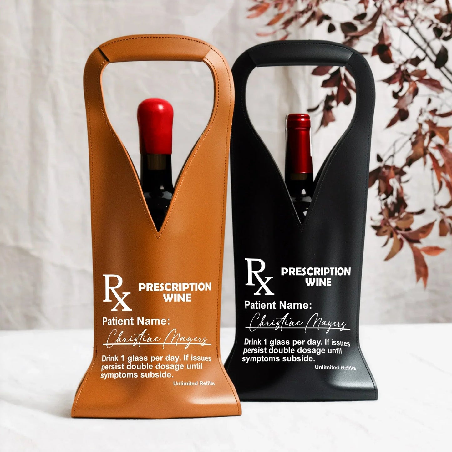 Personalized PU Leather Wine Bag Prescription Wine Design Funny Unique Gift for Wine Lovers, Dinner Parties & Host Gifts