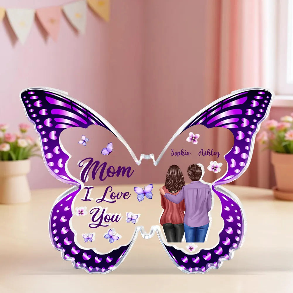 Personalized Butterfly Shaped Acrylic Block Plaque, Mom I Love You Gift, Hugging Mom & Daughter Keepsake for Shelf Decor