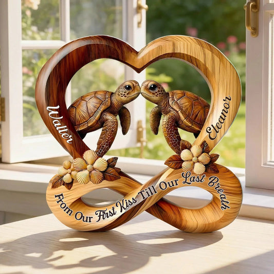 Personalized Shaped Acrylic Block Plaque Turtle Kiss in Heart Infinity Design - Unique Romantic Gift for Couples