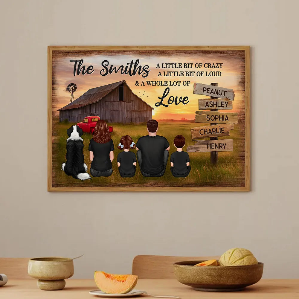 Custom Rustic Farm Family Poster Sunset Barn and Kids with Dog Cozy Country Decor Unique Father's Day Gift