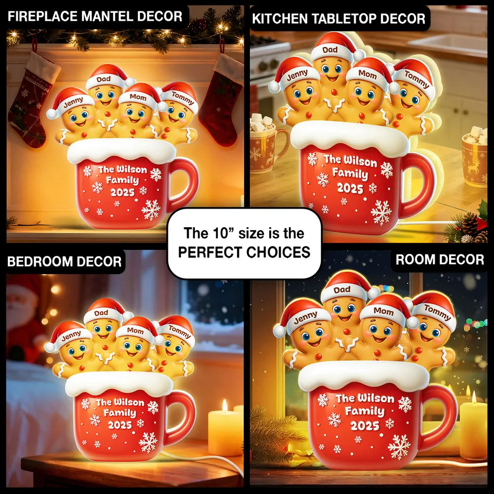 Personalized Family Gingerbread Light-Up Decor – Custom Names, Family Name & Year on Festive Mug – Heartwarming Christmas Gift