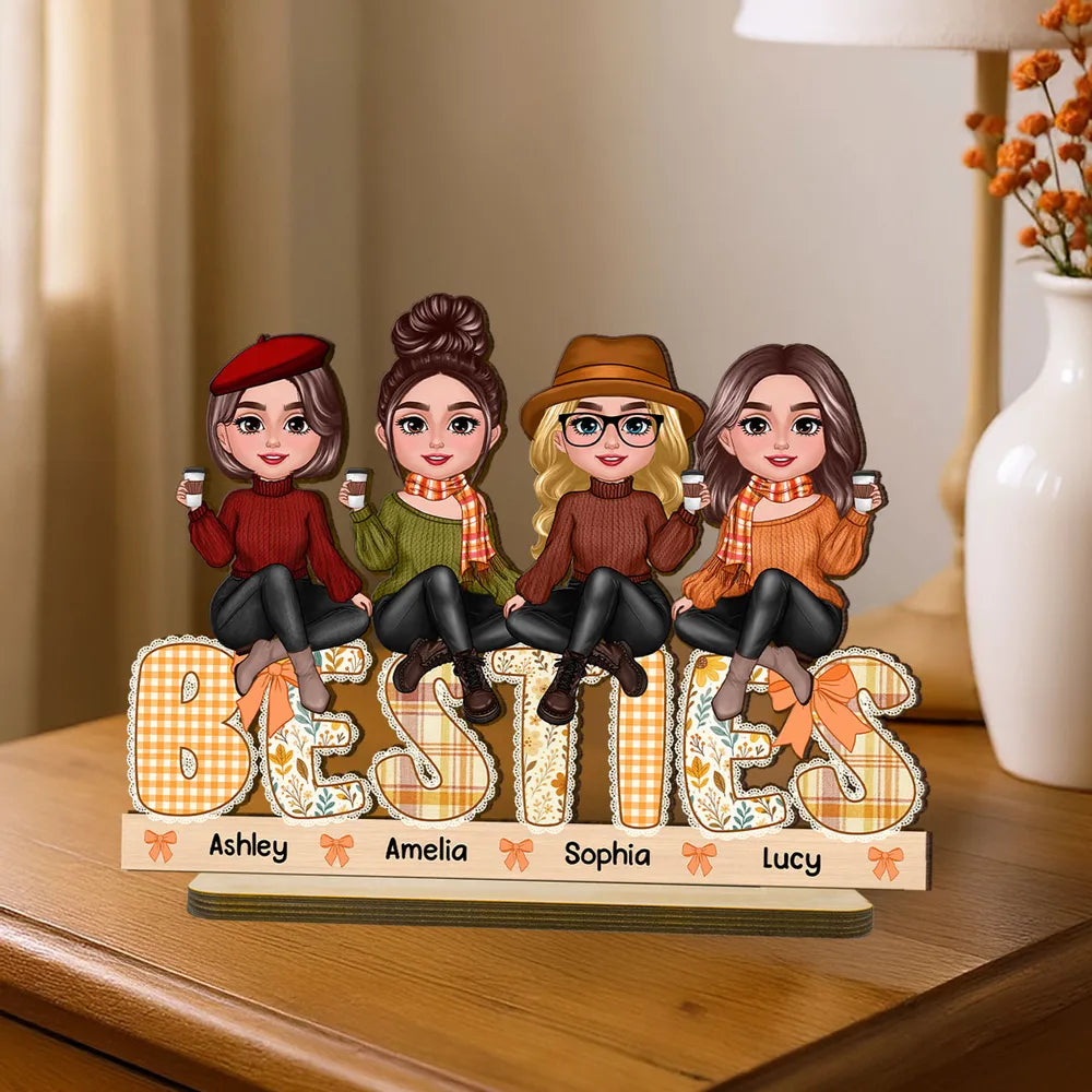 BESTIES Wooden Plaque – Autumn Coffee Time with Friends & Sisters, Personalized Gift for Best Friends