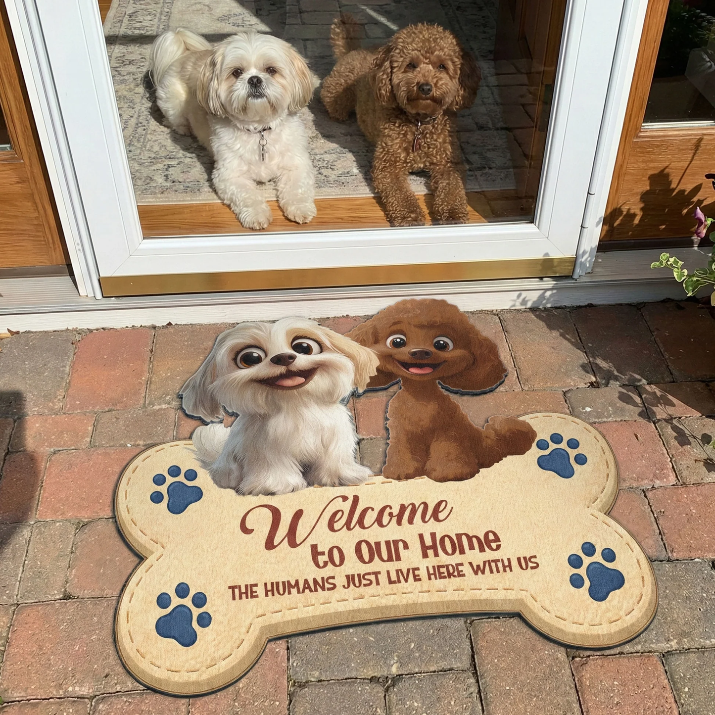 Personalized Shaped Doormat with Cute Dogs and Paw Prints, Welcome to Our Home, Unique Gift for Dog Lovers
