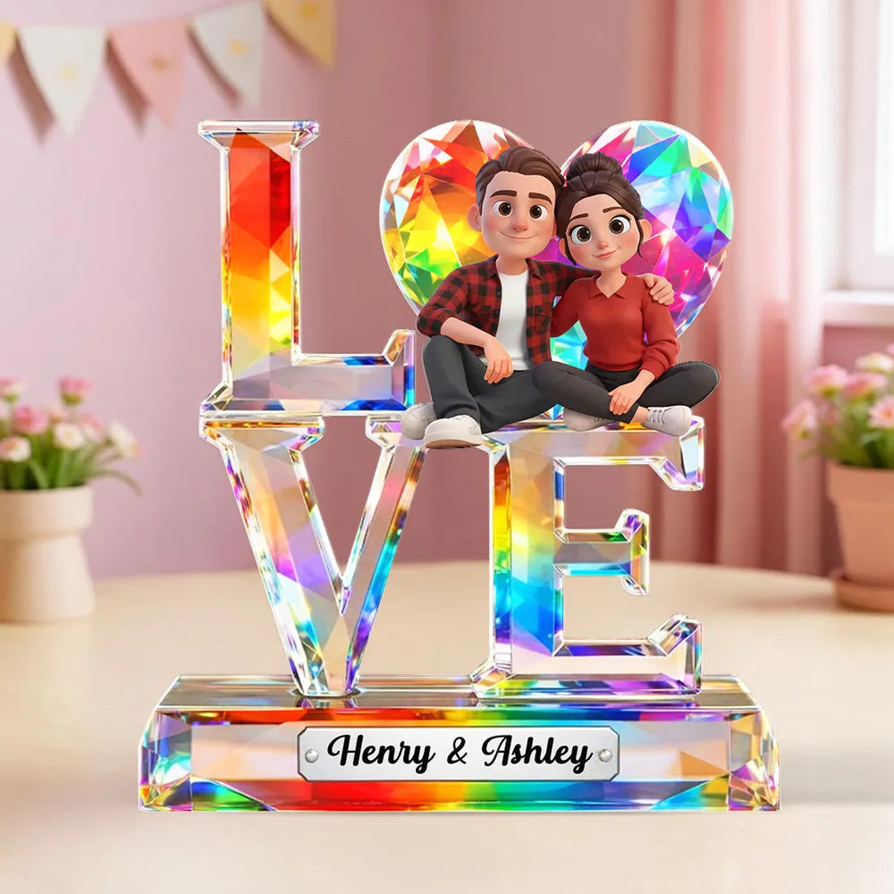 Personalized LOVE Shaped Acrylic Block Plaque With Cozy Sitting Couple, Rainbow Crystal Look Decor, Unique Gift For Her Or Him