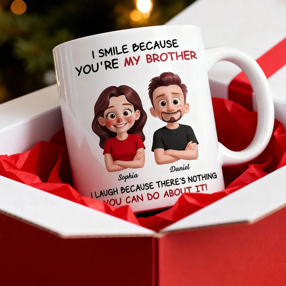 Funny Sibling White Ceramic Mug – Personalized Brother & Sister Cartoon, Playful Quote, Creative Gift for Coworker or Family