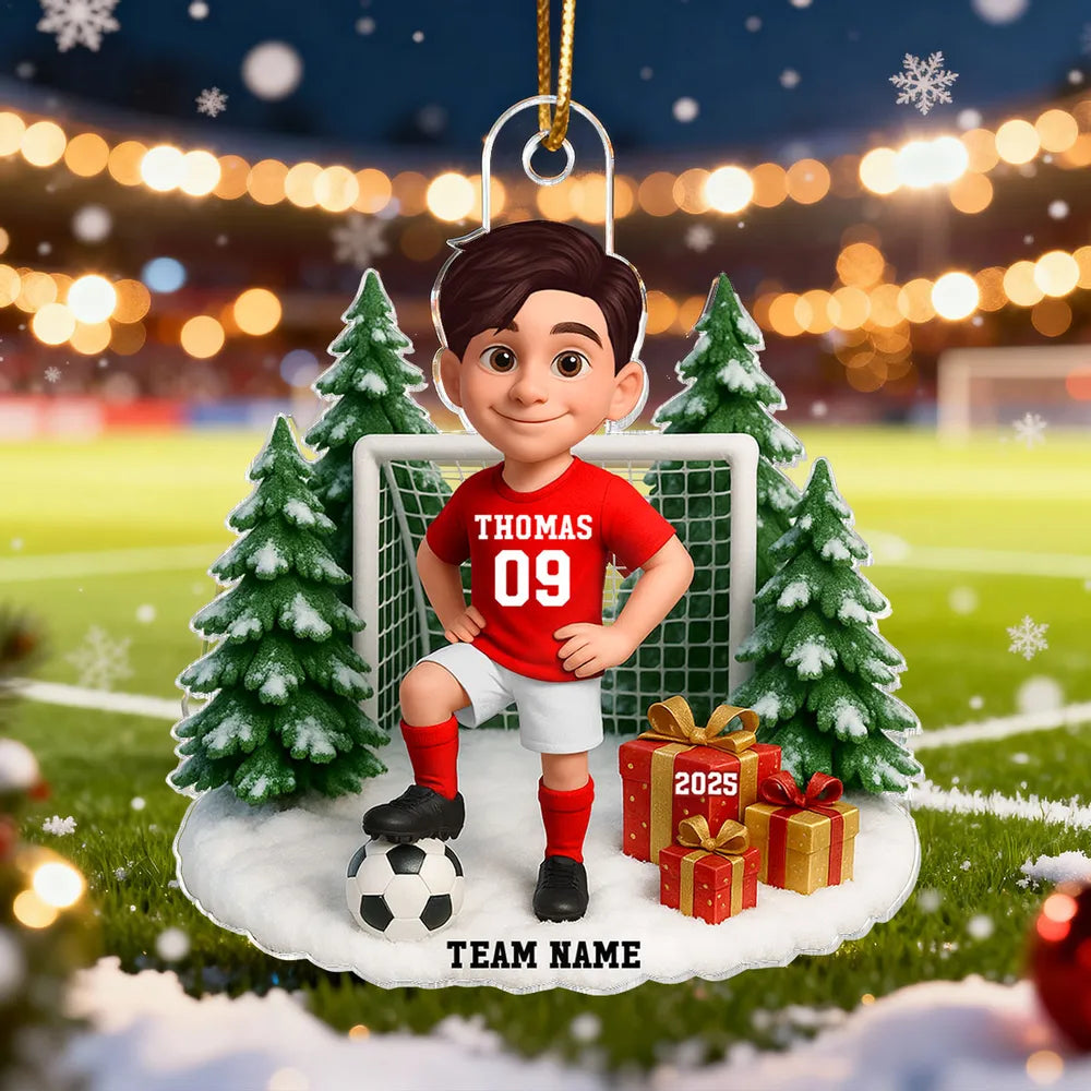 Kids Soccer Goal Ornament with Snowy Ball & Net Scene | Holiday Gift