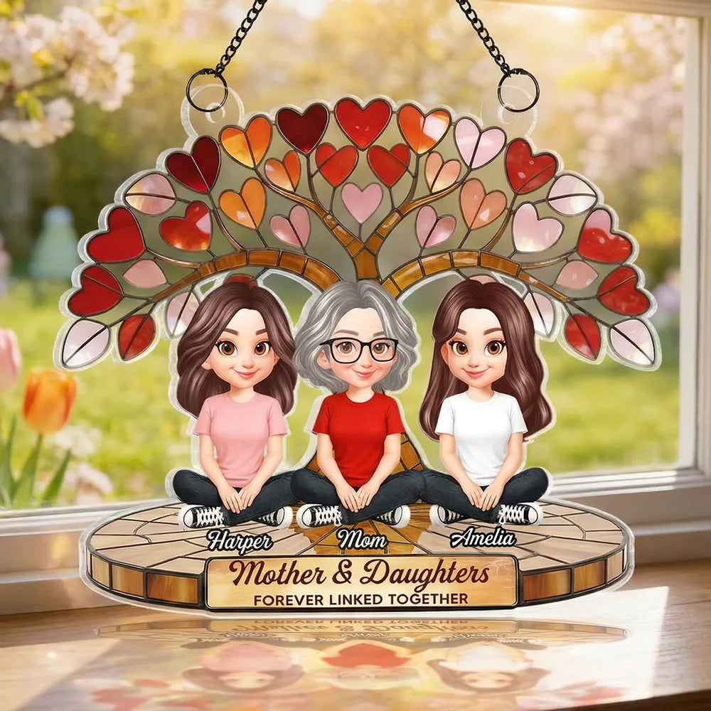 Personalized Acrylic Suncatcher Ornament Mother & Daughters Heart Tree Window Decor, Unique Gift for Mom
