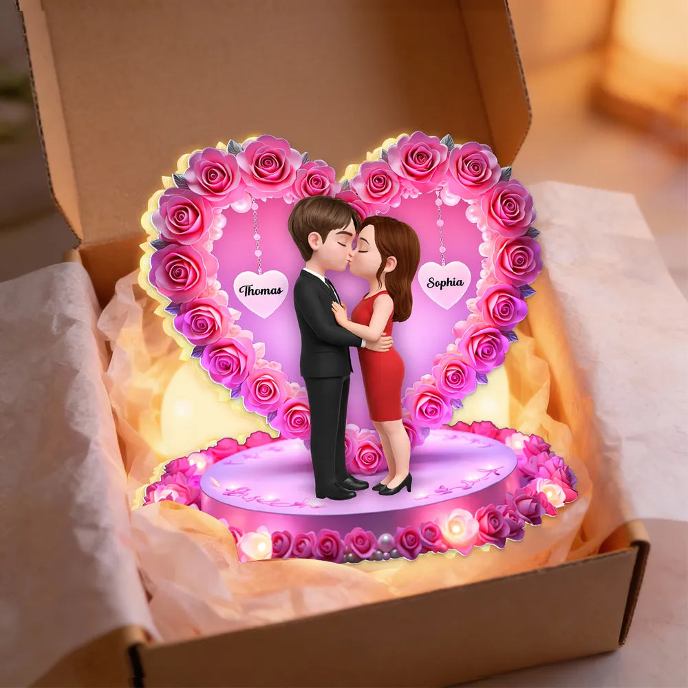 Personalized Acrylic Light Box Kissing Couple in Rose Heart Night Light for Bedroom Warm Glow Unique Gift for Her or Him