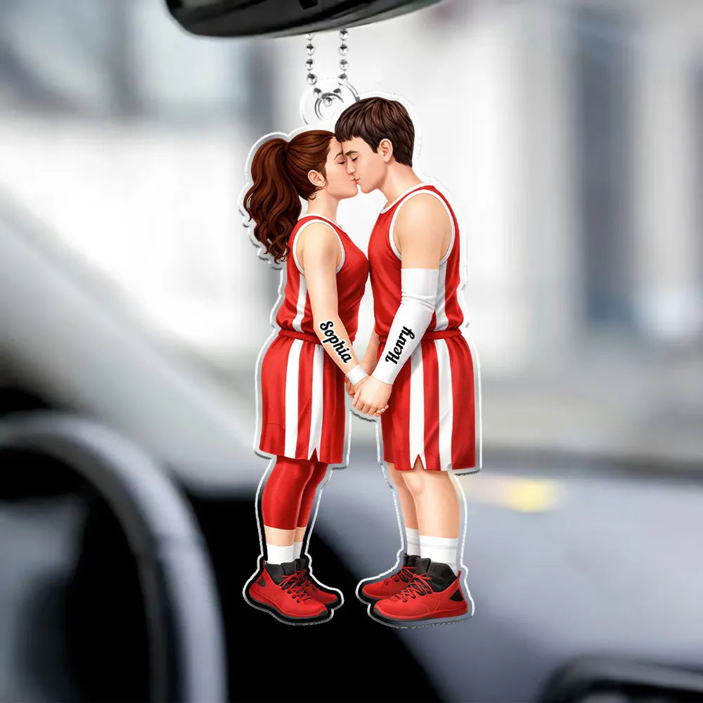 Acrylic Car Hanger with Kissing Basketball Couple, Personalized Cute Car Mirror Decor, Romantic Anniversary Gift