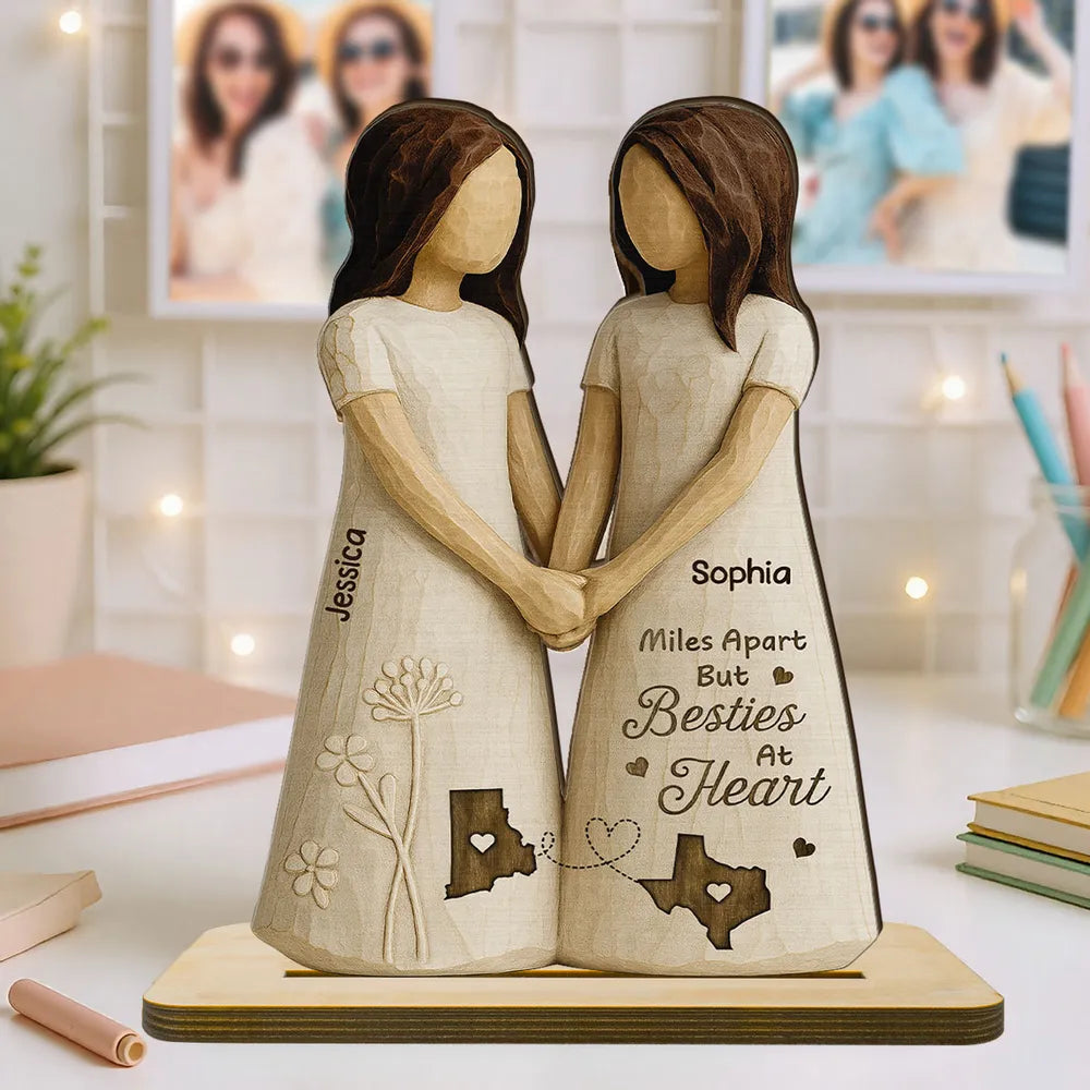 Personalized Wooden Plaque Besties At Heart Long-Distance Friends Holding Hands Rustic Shelf Decor Unique Gift