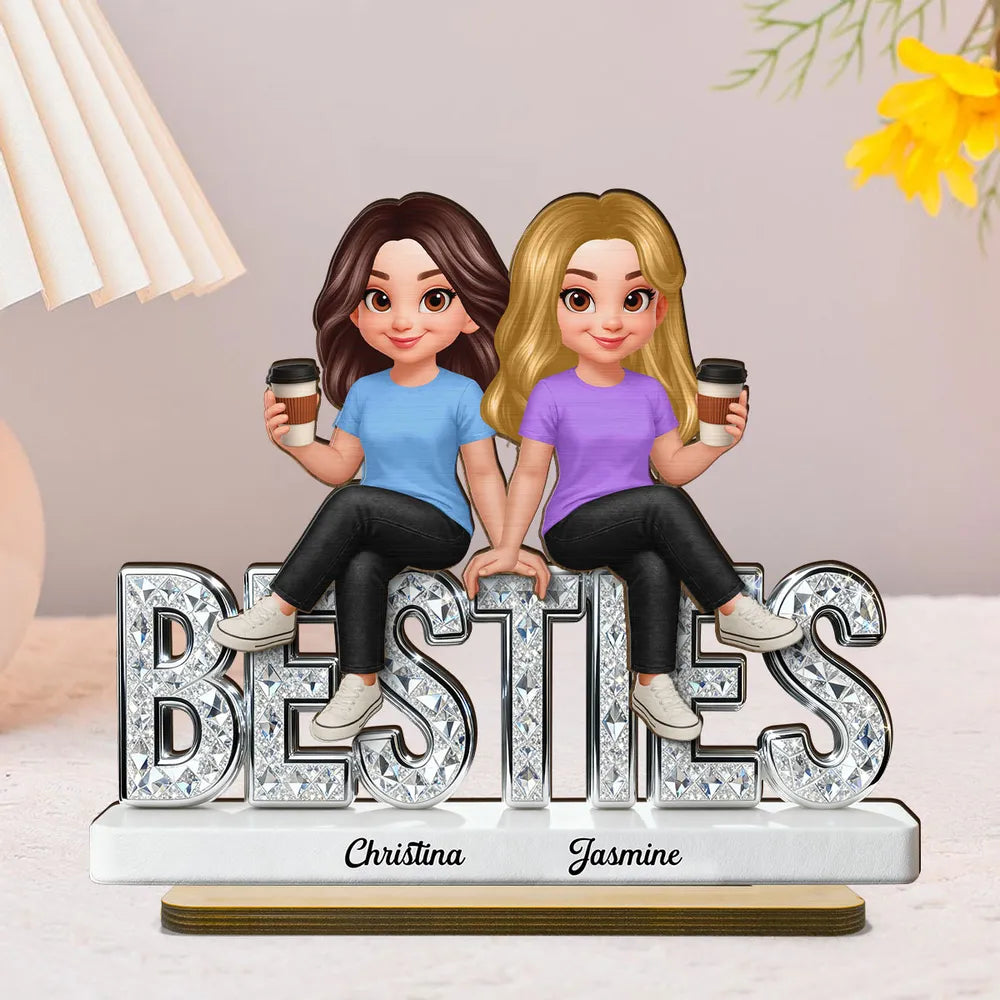 Personalized Besties 2-Layer Wooden Plaque, Cute Cartoon Best Friends Holding Coffee, Unique Gift for Best Friend