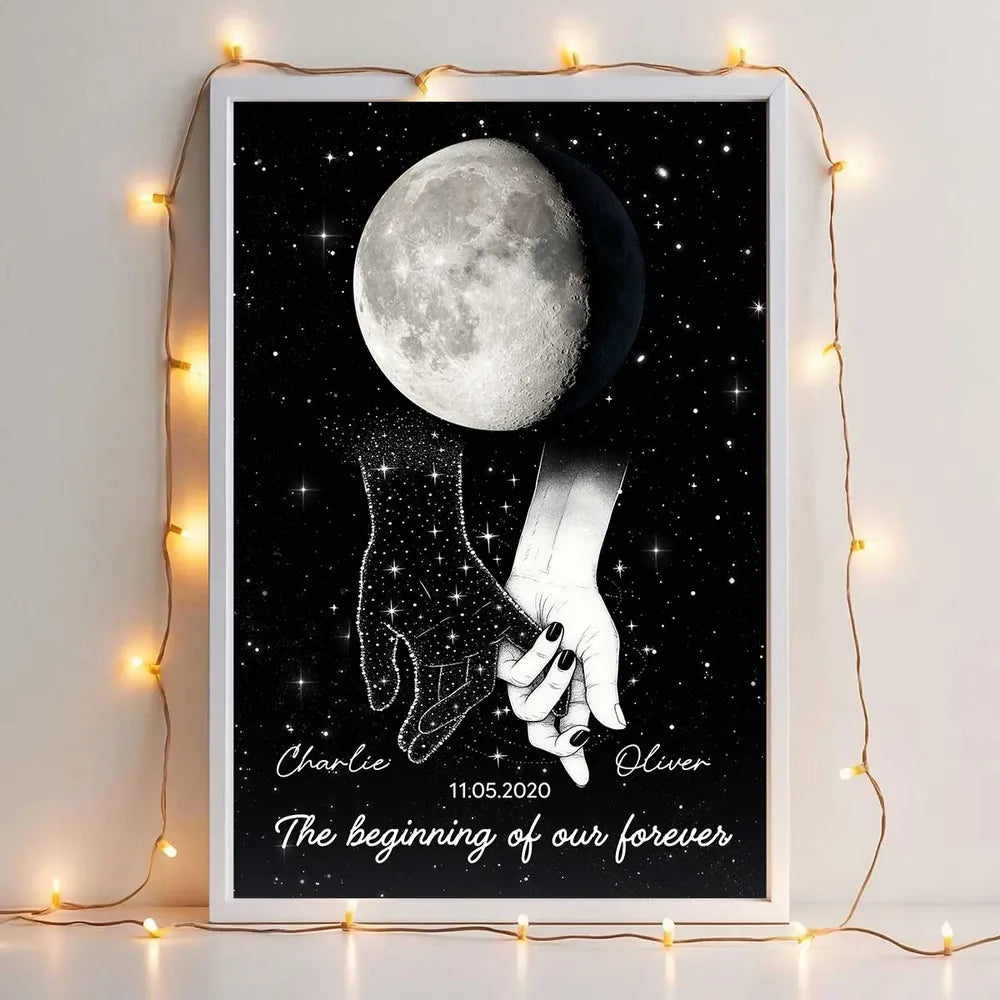 Personalized Moon Phase Couple Holding Hands Poster, Starry Night Wall Art, Unique Romantic Gift for Couple