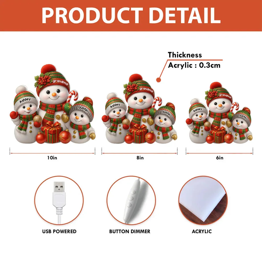 Personalized Acrylic Light Box with Grandma Snowman & Grandkids, Soft Warm Glow Christmas Décor, Unique Gift for Grandma