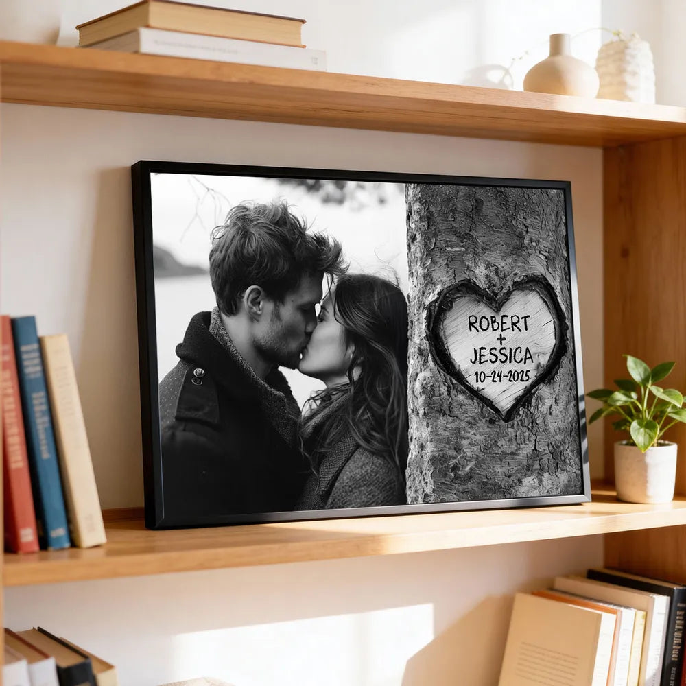 Personalized Couple Kissing Poster with Heart Carved Tree Design Romantic Wall Art, Unique Creative Gift for Him or Her