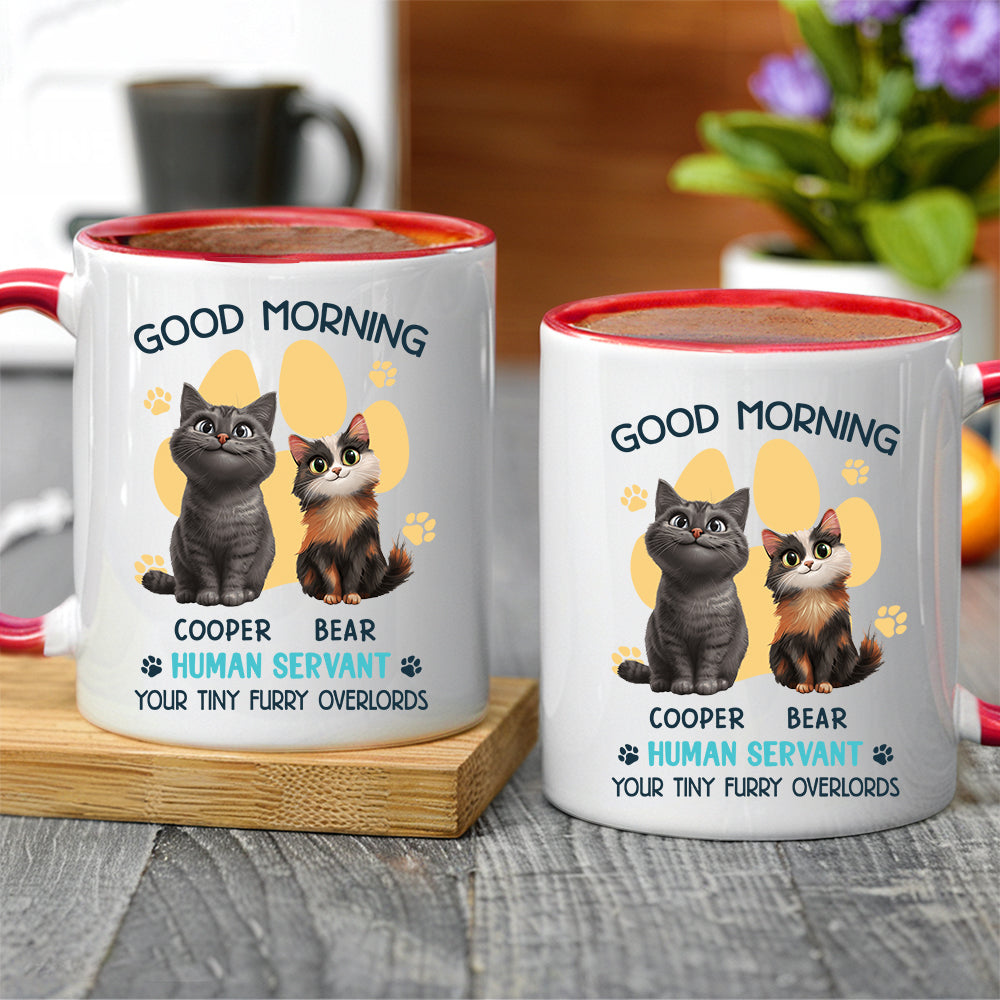 Say Hello to Your Tiny Furry Overlord – Customizable Good Morning Mug for Cat Lovers, Featuring Your Cat’s Name, Great Gift for Cat Owners, Available in White Ceramic Mug or Two-Tone Mug